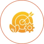 Yellow target, leaf, and gear icon.