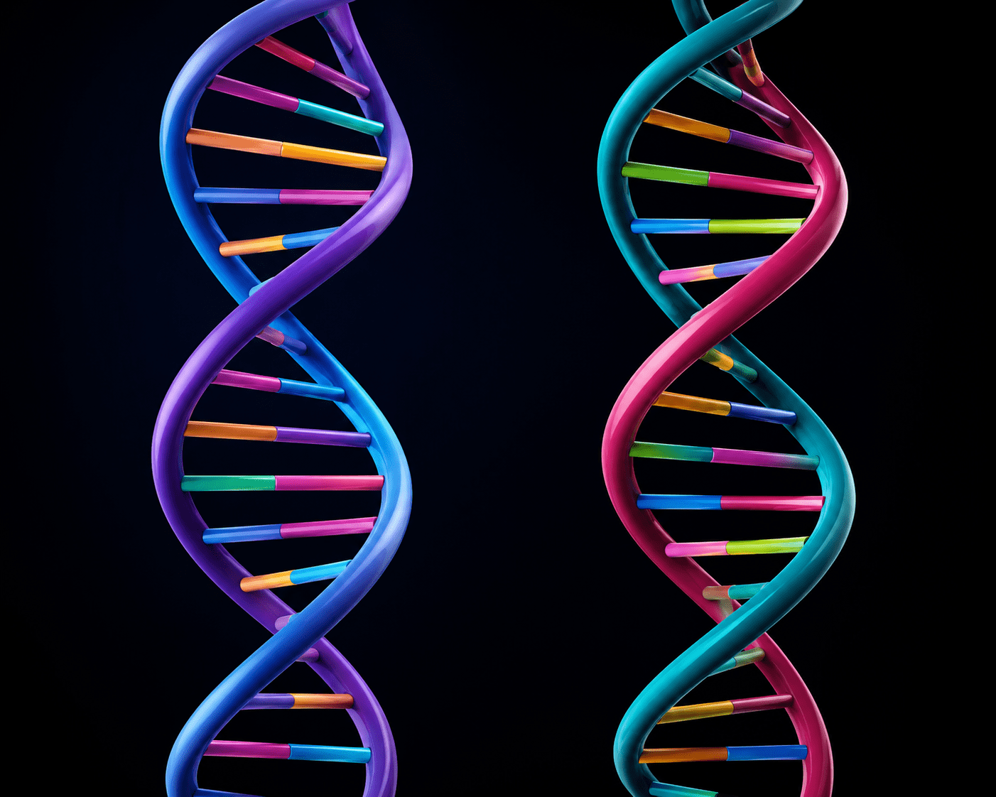 Colorful DNA double helix models on black.