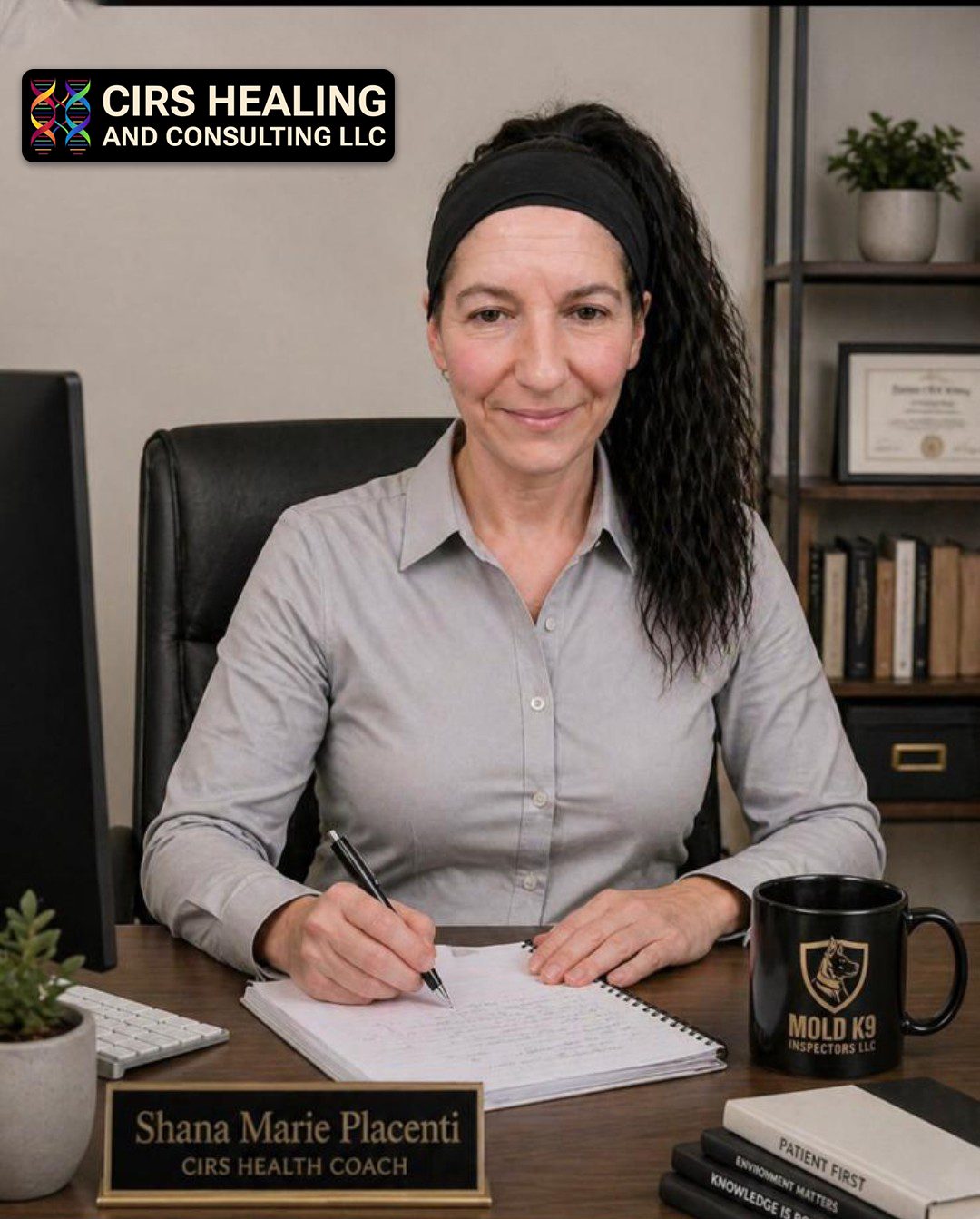 Woman sitting at desk with notepad.