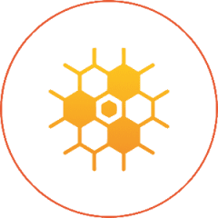 Hexagonal pattern in orange circle logo.