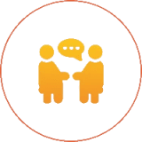 Two figures talking with speech bubble.