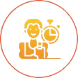 Person with stopwatch icon in orange circle.