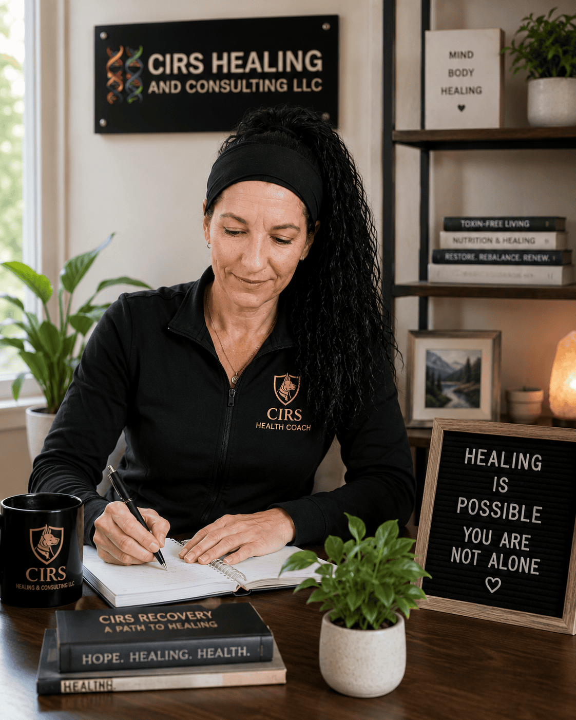 Woman writing at desk, healing message displayed.