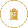 Gold clipboard icon on black background.