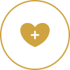 Gold heart with plus symbol inside circle.