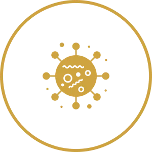 Gold virus icon on black background.