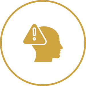 Silhouette with warning symbol inside head.