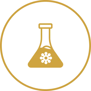 Gold flask with virus symbol inside circle.