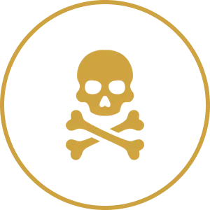 Gold skull and crossbones on black background.