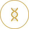 Golden DNA helix icon on black background.